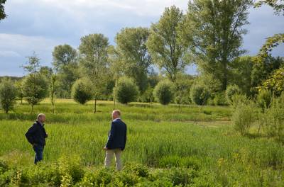 Henning Rehbaum und Klaus Grothues besichtigen das Reg
enrckhaltebecken, was sich
eher zum Biotop gewandelt hat, an der Hofwiese Liesborn