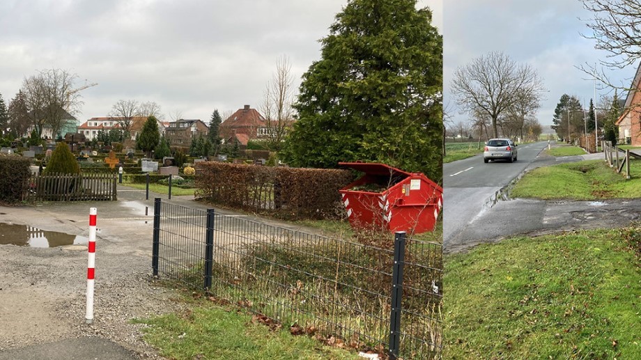 Links: Seiteneingang am Liesborner Friedhof, hier wird die Gemeinde pflastern, rechts: an der Winkelstraße entsteht ein einfacher Fußweg